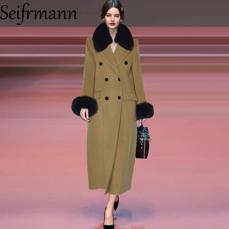 Seifrmann 2026 Spring Women's New Fashionable Hairy Collar Long Sleeve Double breasted Thickened Windbreaker Coat