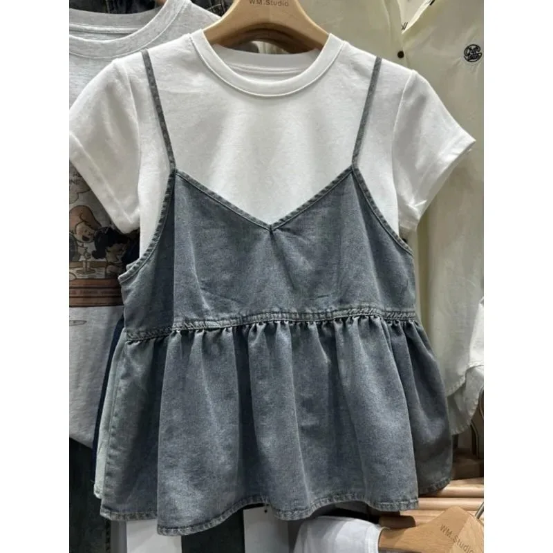 

Women Vintage Denim Spaghetti Strap Camisole And Short Sleeve T Shirt Two Piece Set Loose Swing Hem Casual Outfit