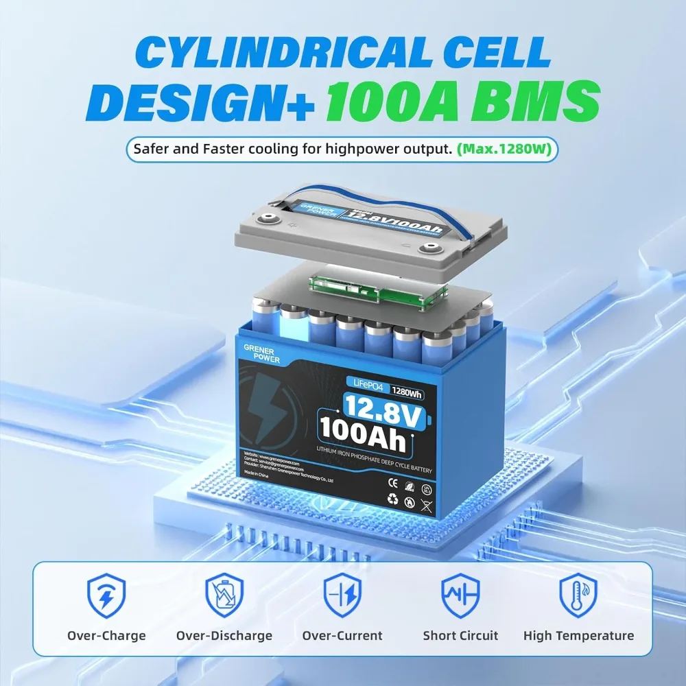 12V 100Ah LiFePO4 Battery, 15000 Cycles, Grade A+ Cells & 100A BMS, RV Trolling Motor Home Storage Off-Grid Boat, Custom