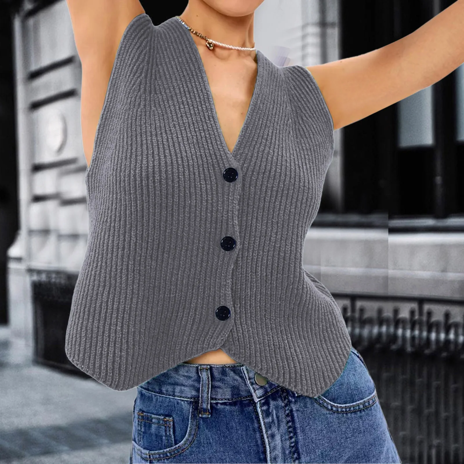 2024 Fashion Casual Sleeveless Women Knitted Vest Loose Button Down V Neck Stripe Fashion Tops Sexy Club Party Vest Sweater