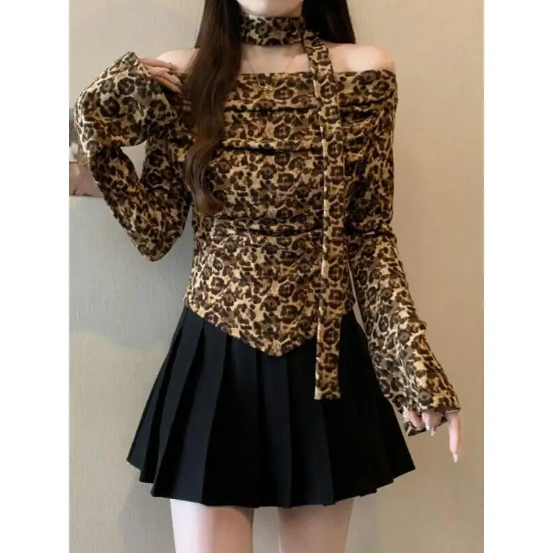 

Новая модная женская одежда: летний топ с леопардовым принтом, короткими рукавами, открытыми плечами и лентами в стиле ретро для повседневной носки, прогулок и шопинга.