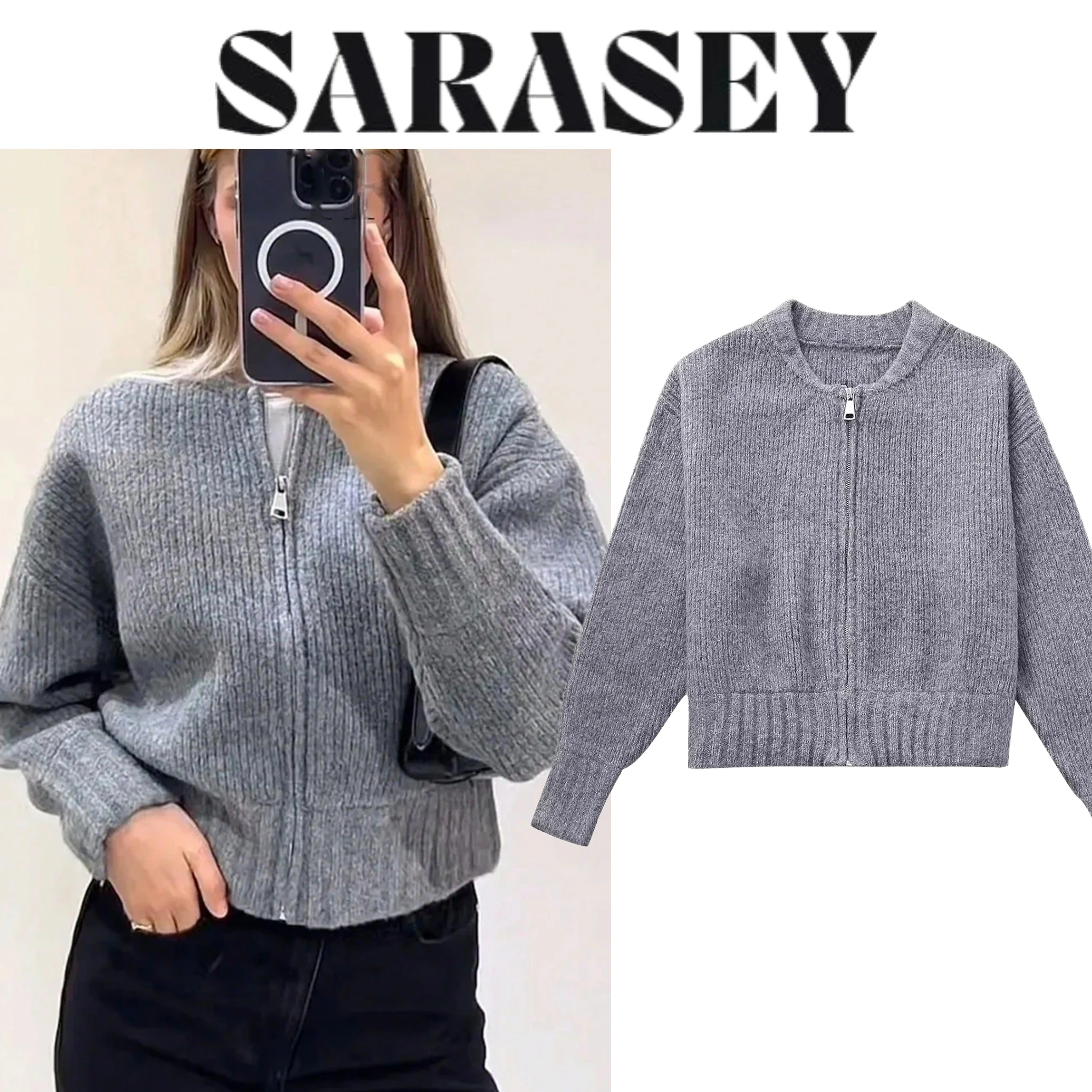 

Новинка 2025 года, женское винтажное однотонное пальто, свитер с длинным рукавом и круглым вырезом, весенняя женская повседневная куртка-свитер на молнии, пальто