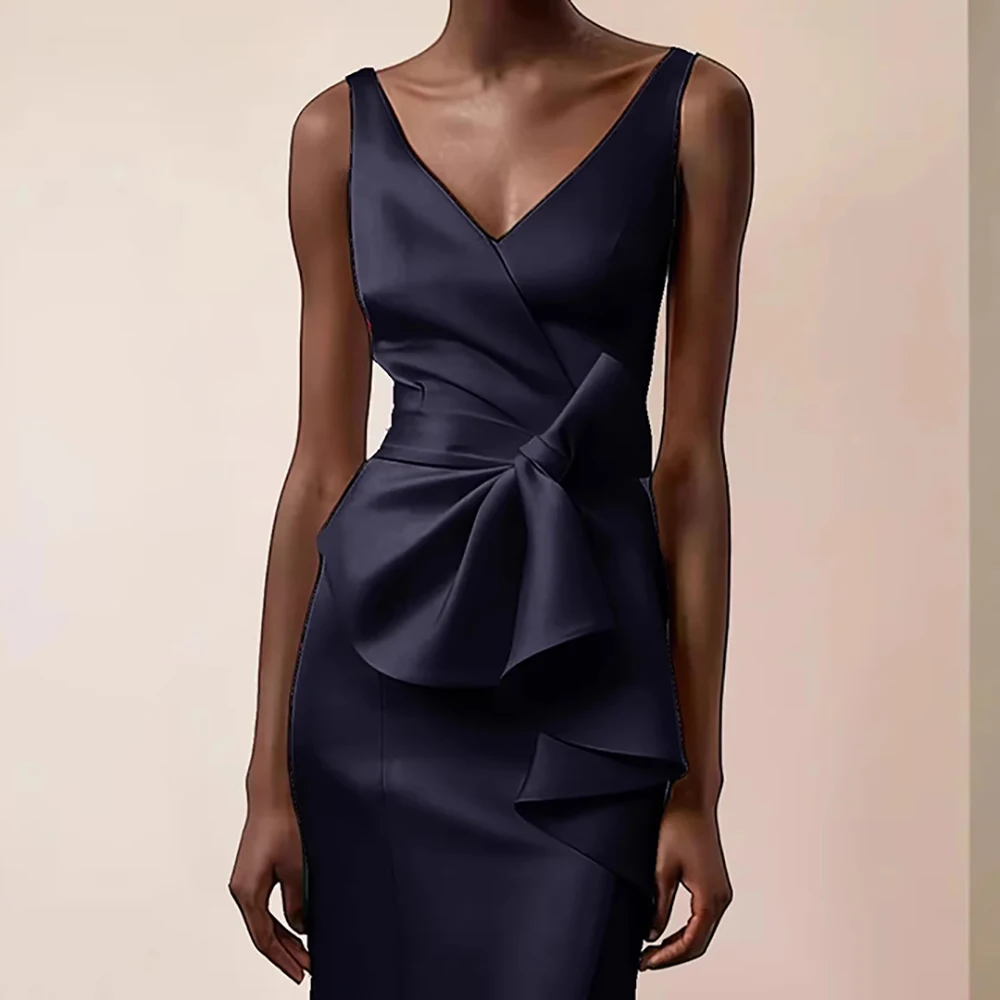 

Women Elegant Satin Bow Midi Evening Dress Solid V-Neck Slim Fit Sleeveless Tiered Ruffle Summer Wedding Guest Prom Gown Dresses