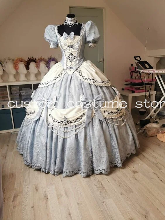 Silver Grey Puffy Victorian Prom Dresses Cosplay Lolita Bustle Lace-up Applique Embroidery Costume Evening Gowns 2024