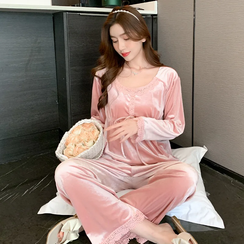 O-Neck Two Piece Velour Pajamas Set Women Sleepwear Nightwear Lingerie Autumn Winter Velour Pullover Trouser Sleep Suit Homewear