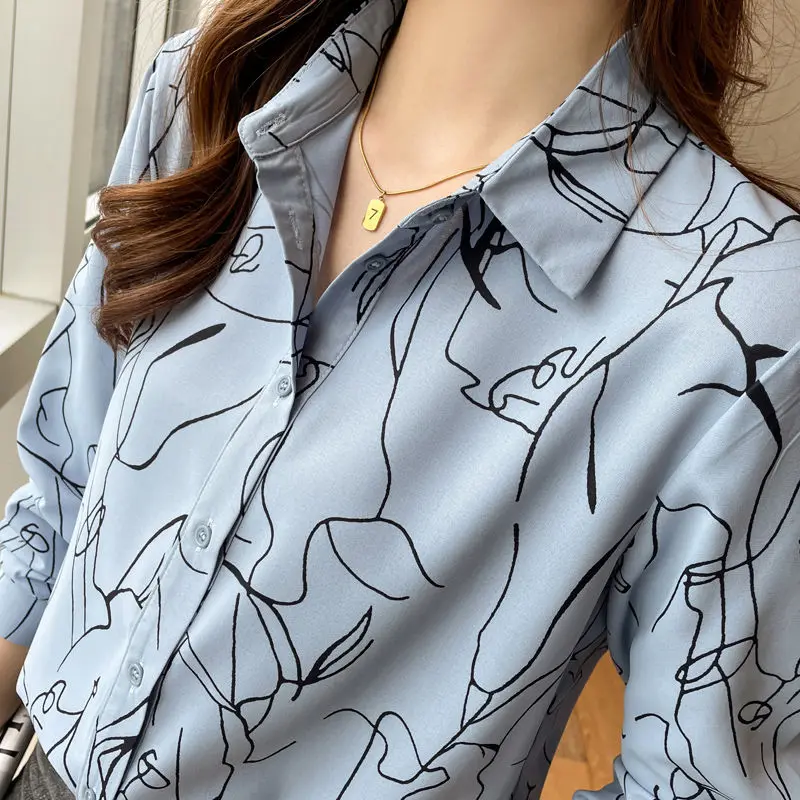 Spring Autumn Women\'s Long Sleeve Chiffon Button Up Turn-down Collar Cardigan Geometric Printed Shirt Casual Office Lady Tops