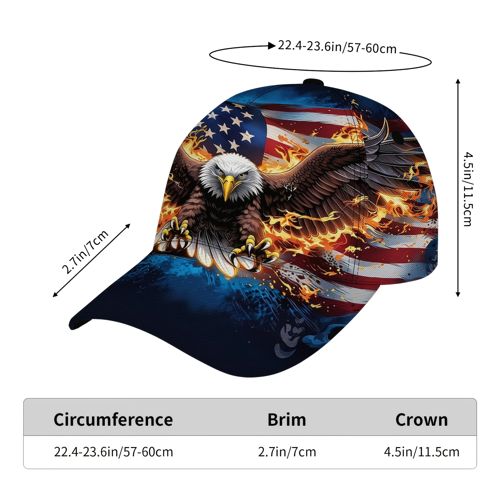 Custom Bald Eagle And US Flag Printed Baseball Cap, Fiery Flame Details, Adjustable Snapback, Patriotic Streetwear