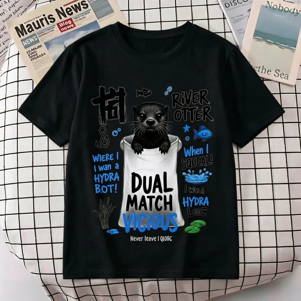 Dual Match Vicious River Otter Graphic T Shirt Men Women Casual Cotton Short Sleeve Cute Animal Print Tee Streetwear