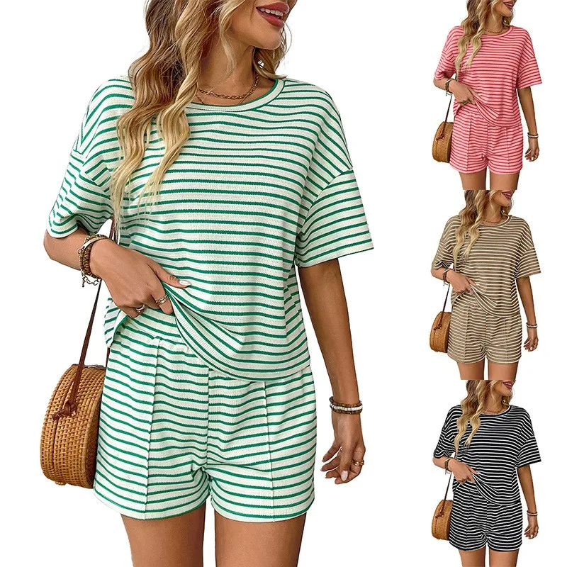 Striped Two Piece Shorts Set Cotton Crop Top Green White Pleated Oversized Top Cap Sleeve Casual Short Pants