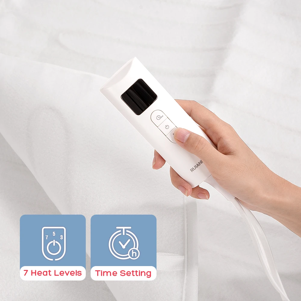 RUIANBAO Electric Heated Underblanket 150 x 80 cm, White Striped Thermal Underbed with LED Display, 3 Heat Settings (H/M/L)