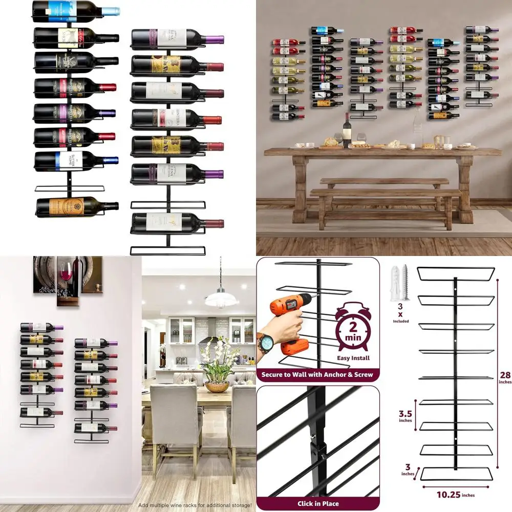 

Double Wall-Mounted Wine Racks – Holds 9 Bottles Each – Sleek Black Metal for Home Bar & Kitchen