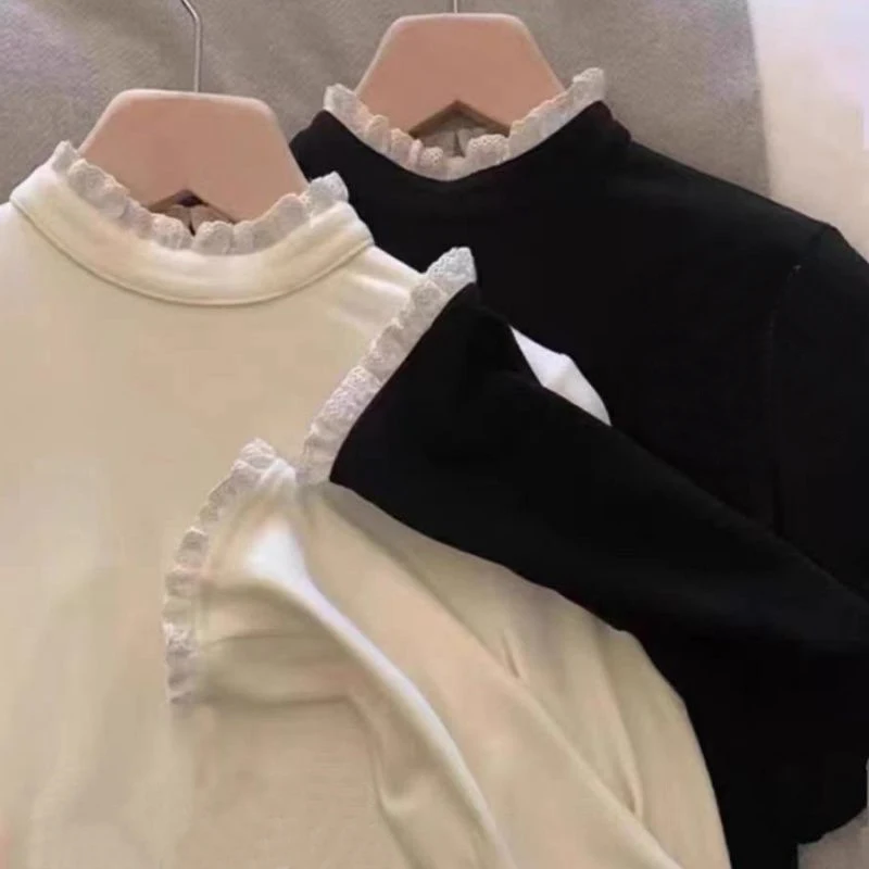 Herbst Winter Mädchen T-shirts Süße Casual T-Shirts Weibliche Elegante Patchwork Kleidung Dame Chic Mode Thermische Unterwäsche Tops