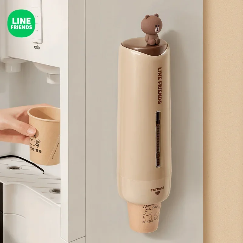 Cartoon Brown Disposable Cup Storage Box Kawaii Line Friends Wall Mounted Dust Proof Household Water Dispenser Paper Cup Holder