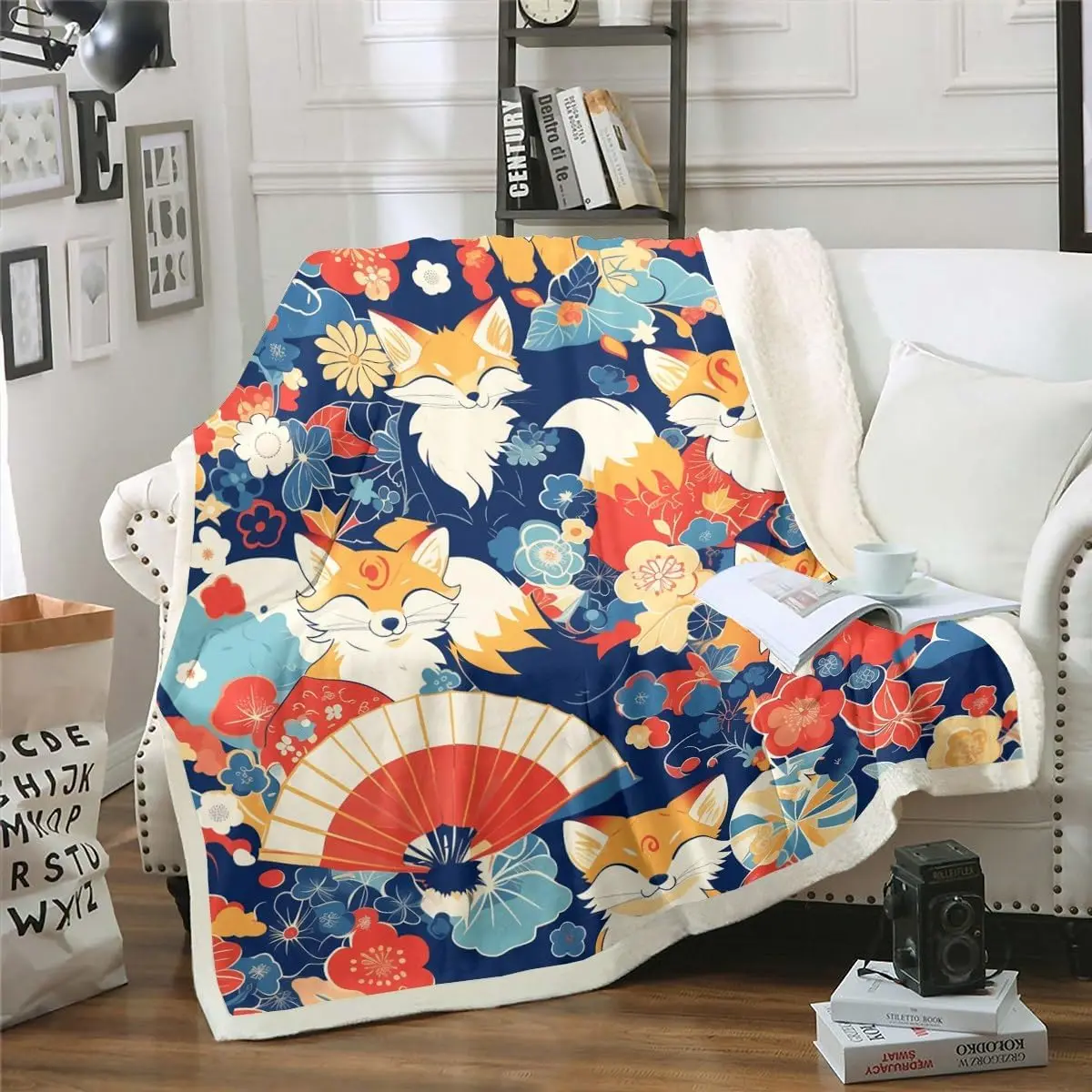 Manta polar de zorro, manta Sherpa de flores de cerezo arcoíris doble, manta de estilo japonés, manta Oriental Ukiyoe para niños