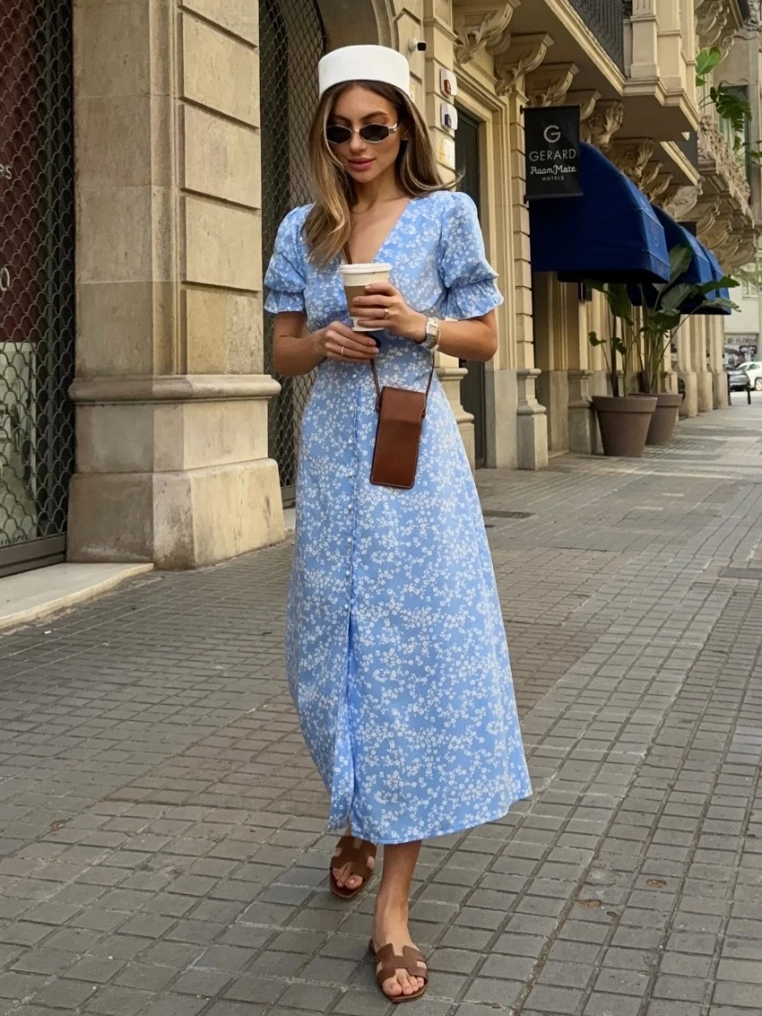 Marthaqiqi Printing Ladies Sleepwear V-Neck Pajamas Short Sleeve Nightgowns Split Nightie Mid-Calf Dress Casual Female Nightwear