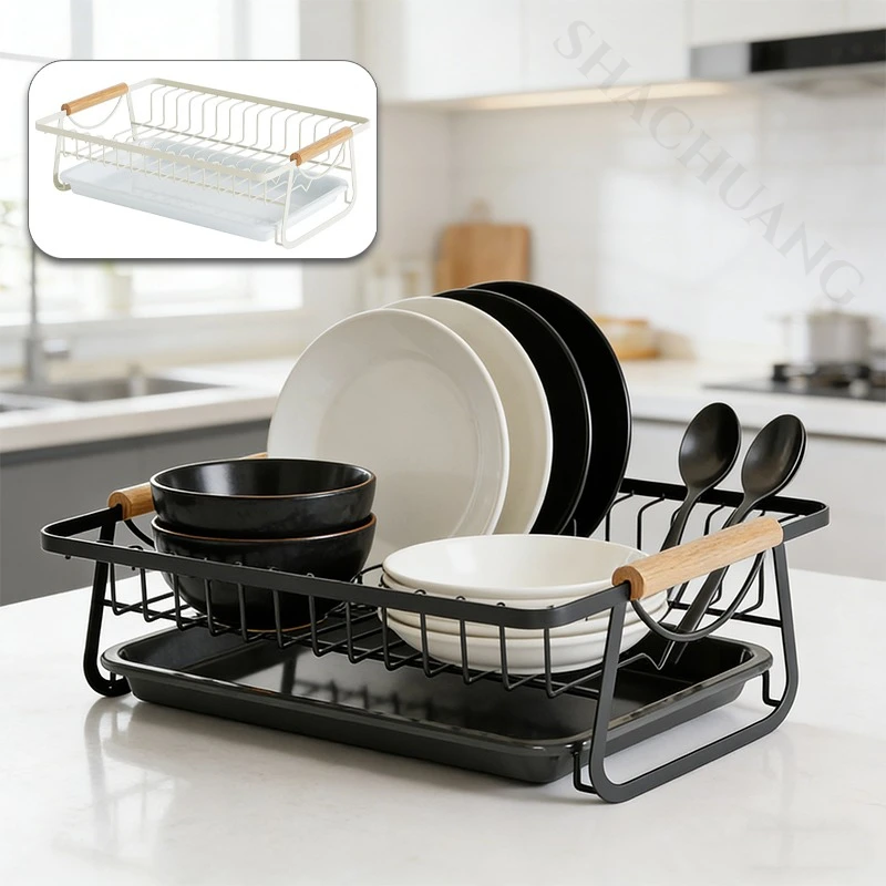 

Dish Drying Rack with Drain Tray Rustproof Metal Frame Wooden Handle Large Capacity Countertop Dish Drainer Kitchen Organizer
