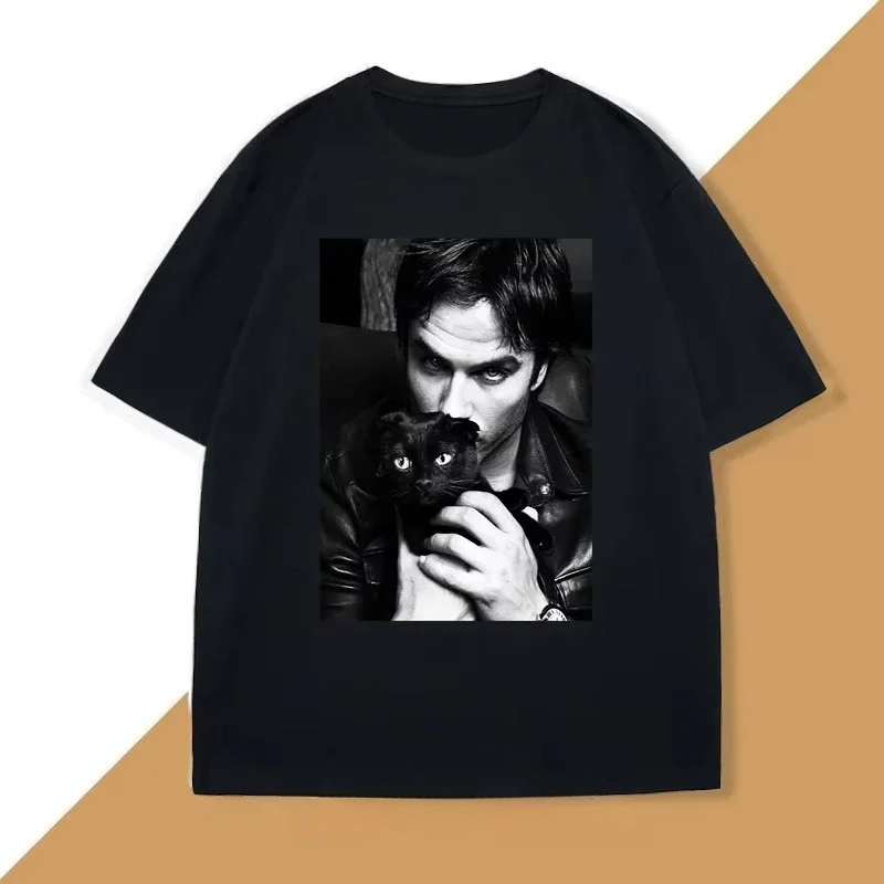 Damon Salvatore TV Drama Cat Graphic Tshirt for Women Clothes Retro Gothic Tops Sleeve Harajuku Sleeve Casual Aesthetic Clothes