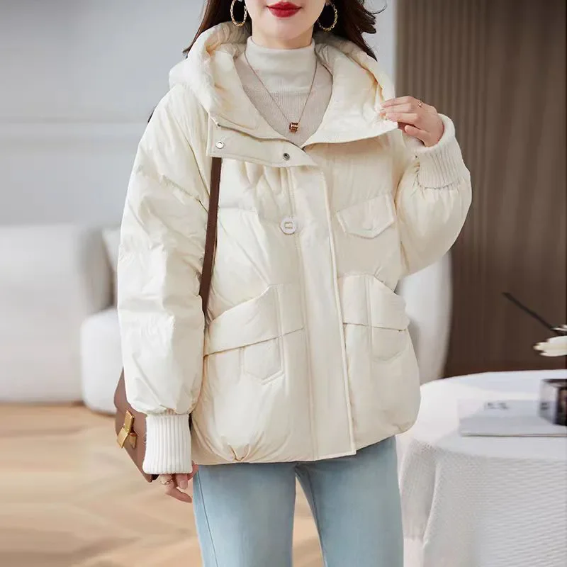 Winter Short Down Cotton-Padded Jacket Women 2024 New Fashion Stand-Up Collar Hooded Outerwear Pure Colour Loose Coat Female