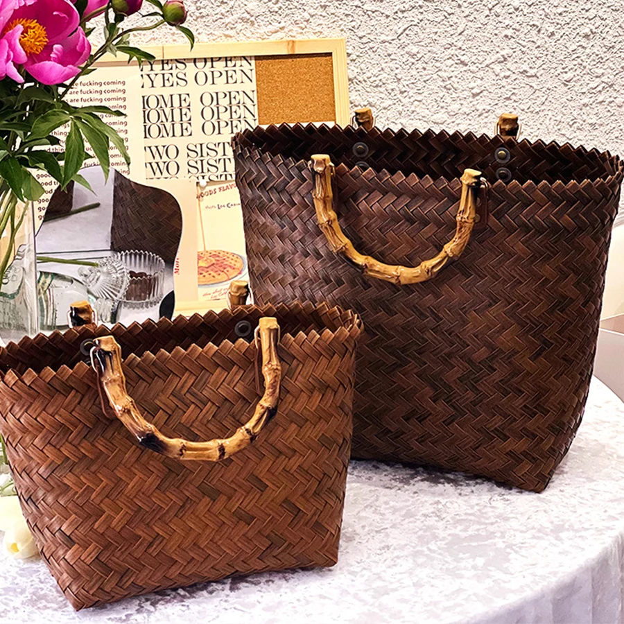 Summer New Large Capacity Rattan Handbag Female Beach Bamboo Straw Bag Retro Hand-Woven Totes Bag Holiday Travel Bolsa Femme Sac