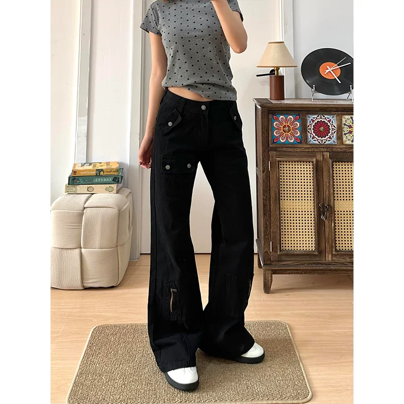 Women's Multi Pocket Micro Flared Black Cargo Jeans Personalized Trousers Cool Girl Casual Bottoms Female Street Denim Pants
