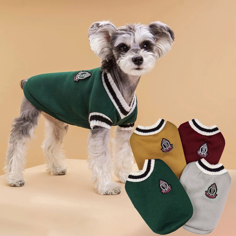 

Winter Warm Pet Dog Sweater College Style V-neck Puppy Knitwear For Small Dogs Puppy Vest Clothes Kitty Jacket Outfits