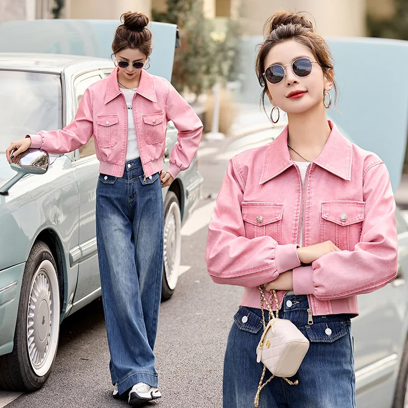 Spring 2024 new casual Korean version slim fit flip collar jacket with zipper short fashionable women's sheepskin leather jacket