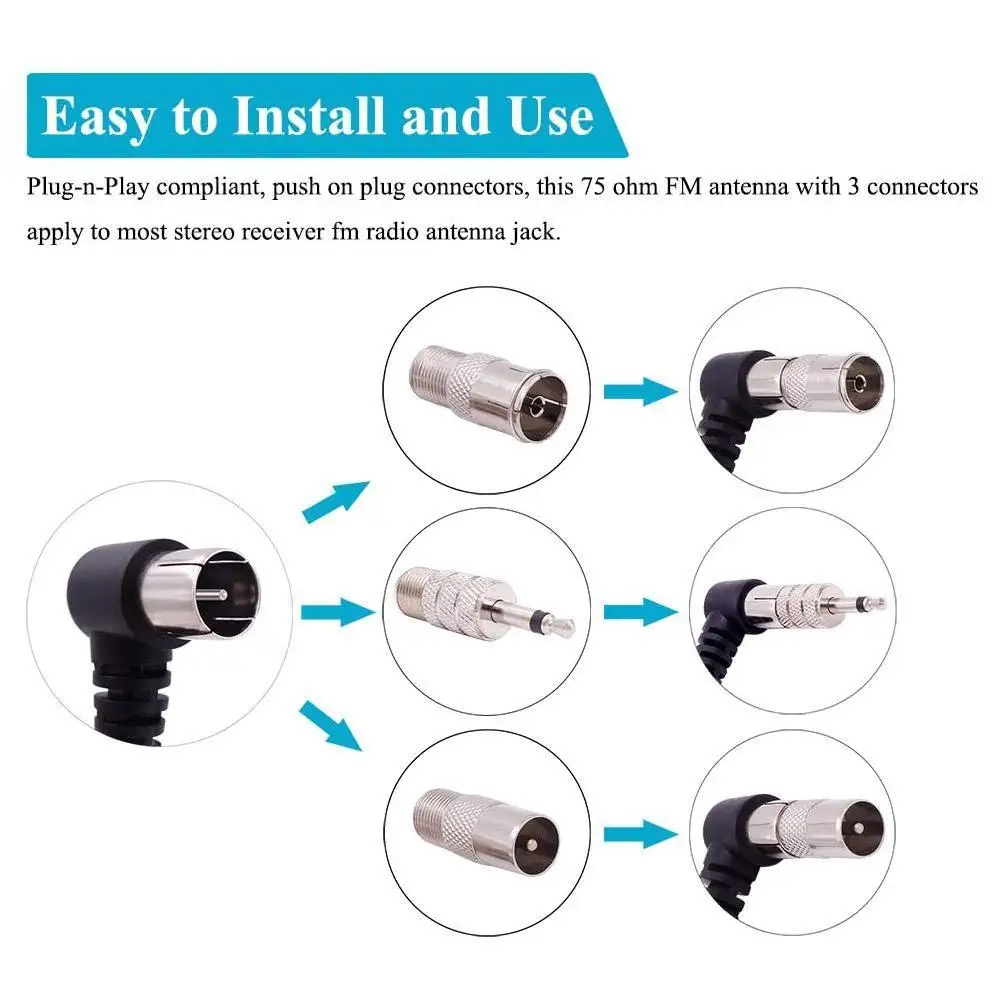 FM 안테나 F 타입 수 플러그, 홈 라디오 스테레오 신호 리시버, FM 라디오 방송국용 공중 2m, 실내, 75 옴
