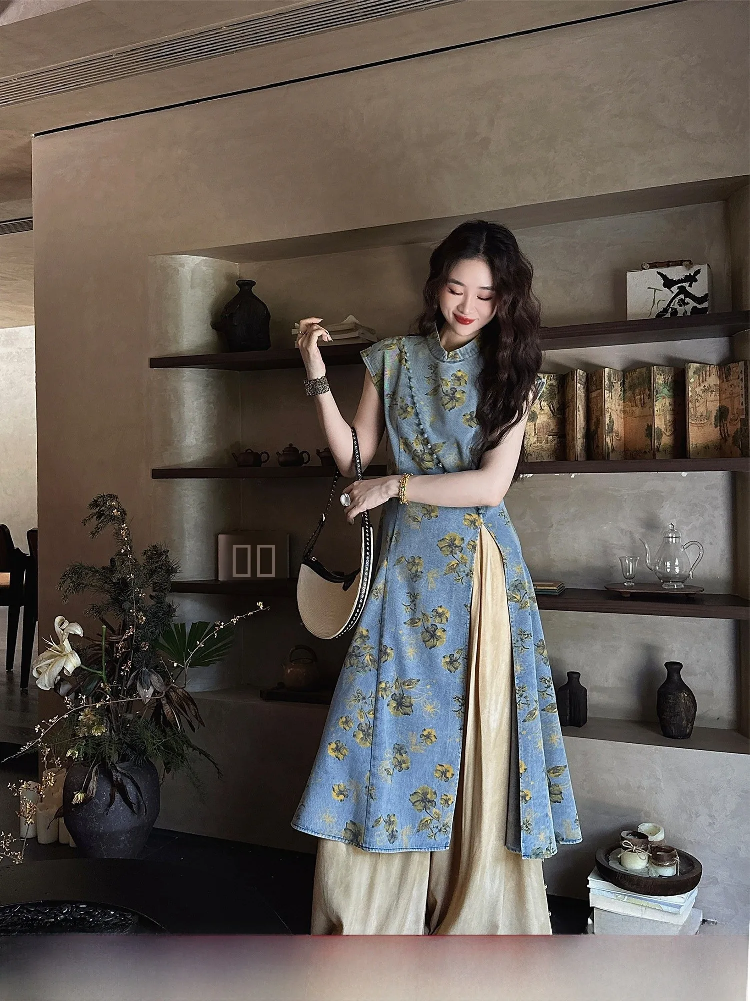 

Sanji Bla Flower Daisy Print Retro Denim Dr Chinese Sle New Faion 2025 Spring Summer Autumn Casual Loose Waist