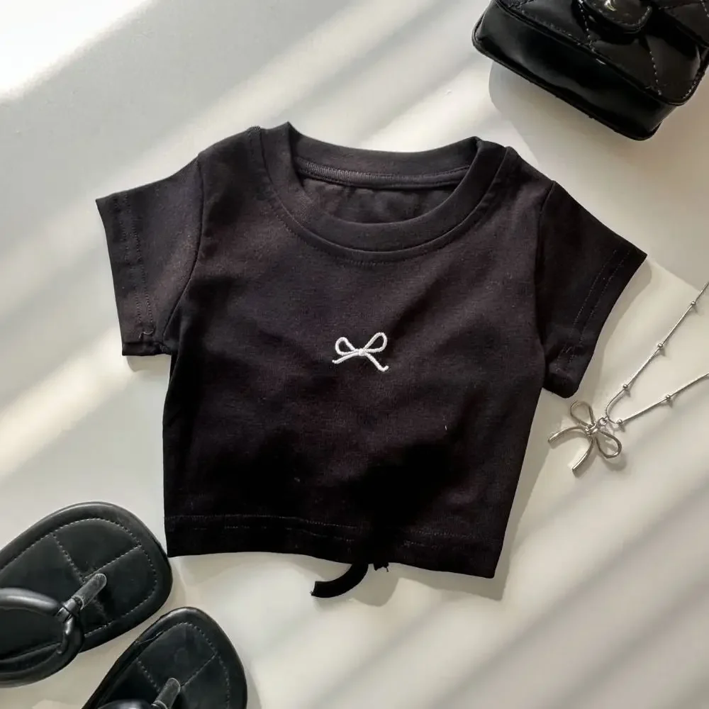 Temperament Lace Up Teens Bow T-shirts Short Sleeve Summer Slim Crop Top Korean Style Sweet Girl's Top Students