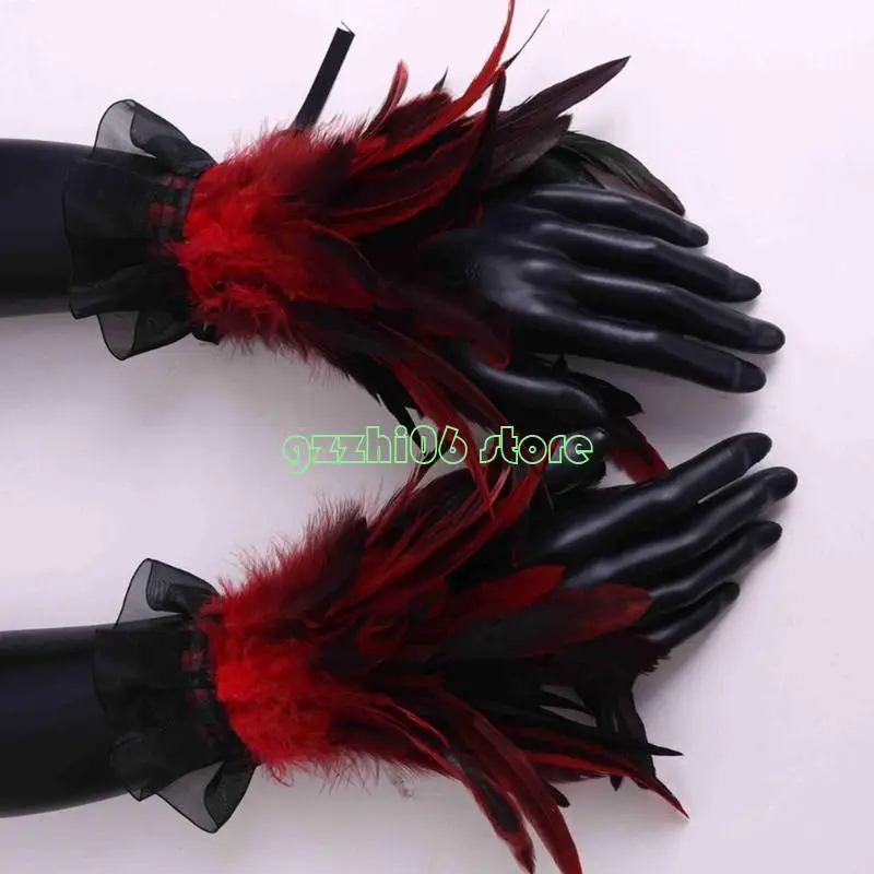 

T5UF Feathered Hand Cuffs Women Punk Arm Sleeves Halloween Party Wrist Decoration Arm Cuffs Armwear for Various Occasion