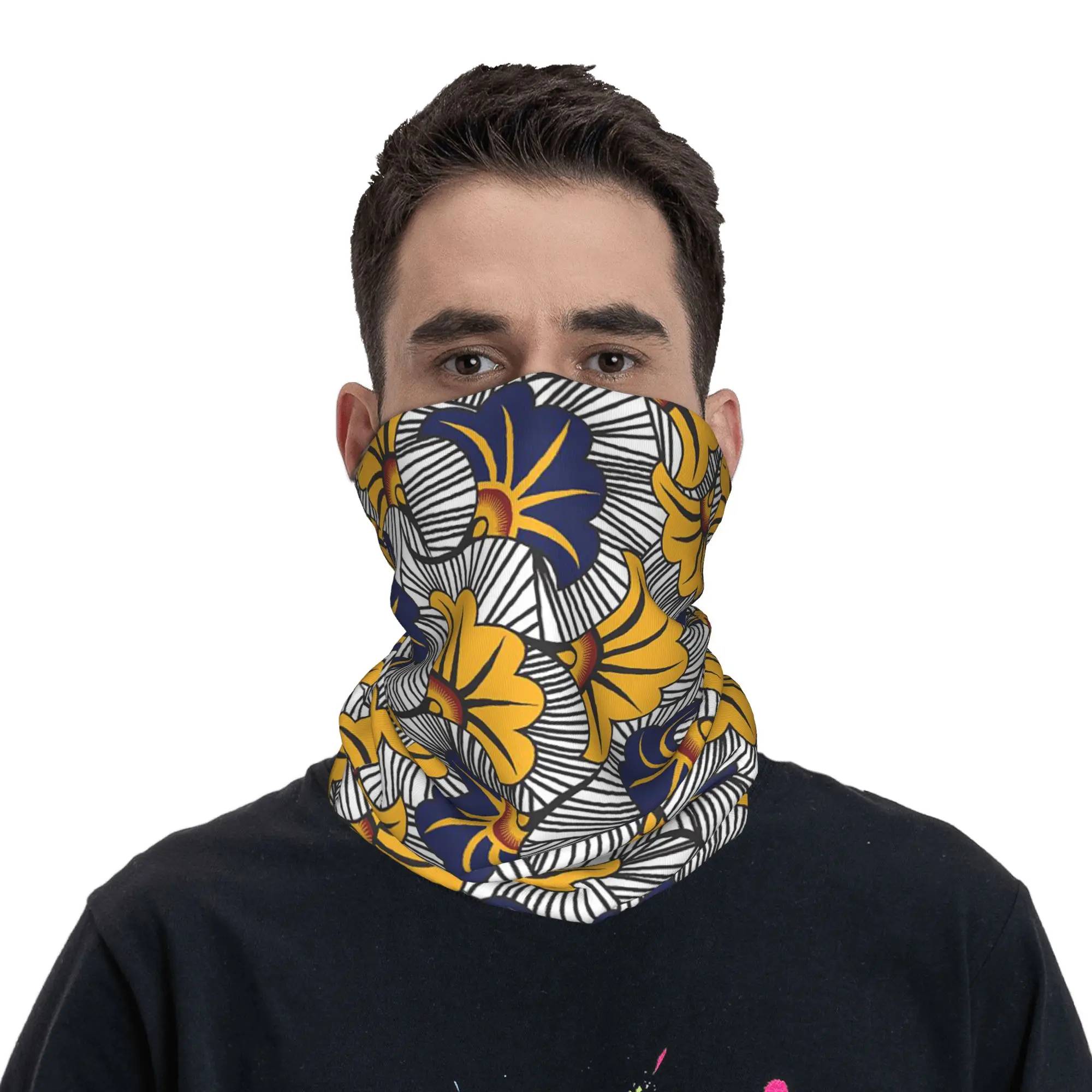 Africa Red and Yellow floral Ankara flowers Bandana Neck Cover Printed Wrap Scarf Multifunction Balaclava Cycling For Men Women view 2