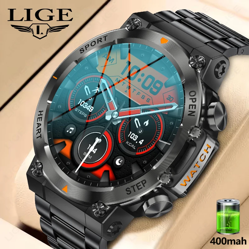 LIGE Sports Smart Watch Men Bluetooth Call 400mah Battery IP68 Waterproof Watches Heart Rate Military Outdoor Man Smartwatch New