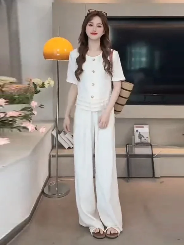 

Korean Style Fashion Set Women's Summer High-End White Small Fragrance Wind Short Sleeve Top Wide Leg Pants Two-Piece Set