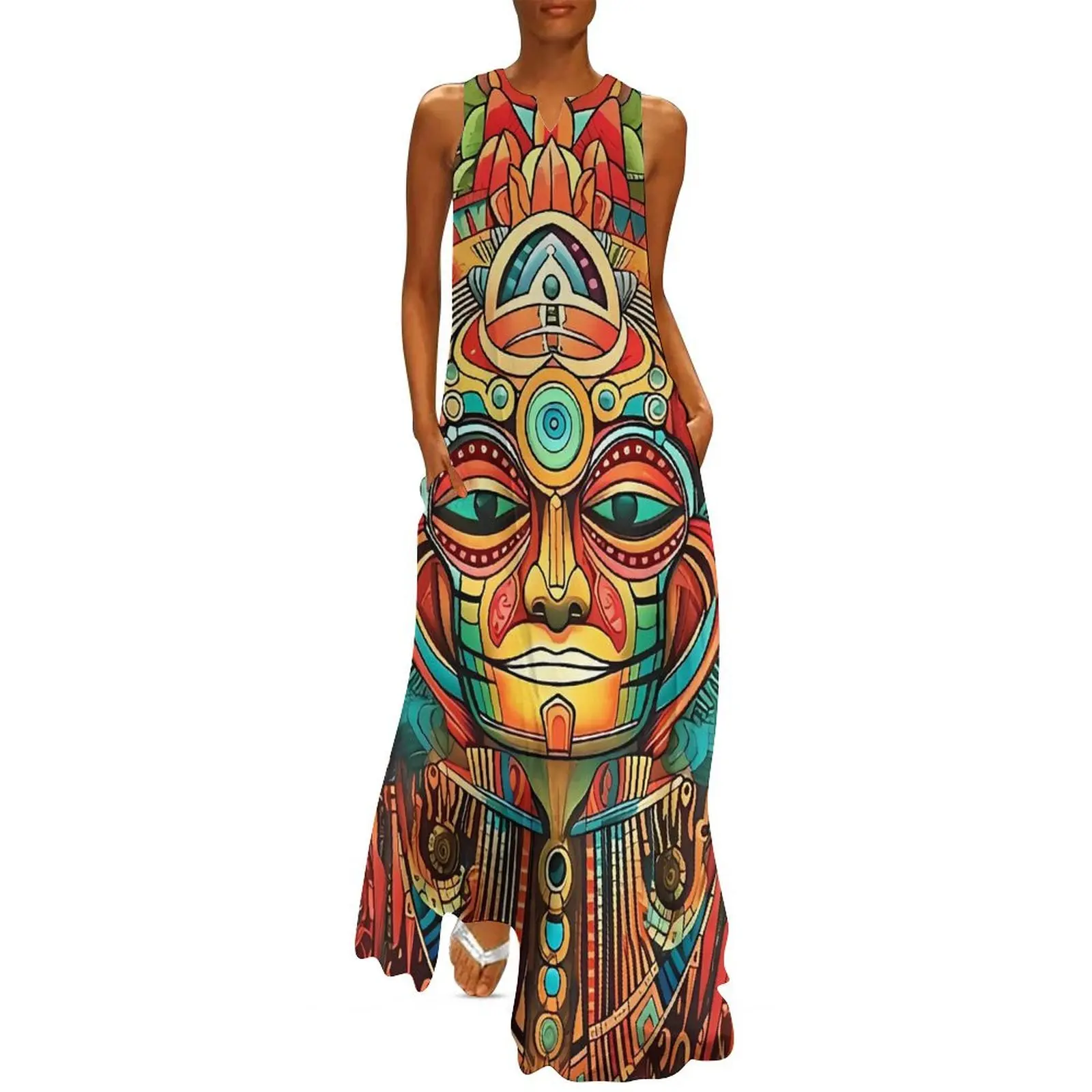 Abstract Aztec Art Dress  Party Maxi Dress Aesthetic Boho Beach Long Dresses Ladies Sleeveless Pattern Big Size Vestidos