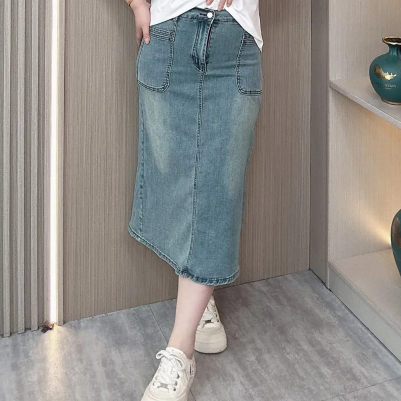 Plus Size Denim Skirt Women Summer New Slim High Waist Stretch Thin Slit Cover Buttock A-line Skirt