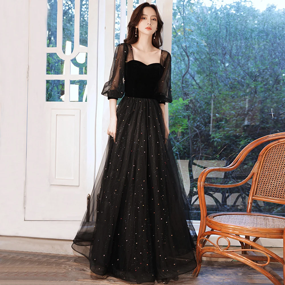 Women\'s Black Evening Dress Elegant Sequins Square Collar Half-Length Lantern Sleeves Prom Gown Fashion Party Long Vestido