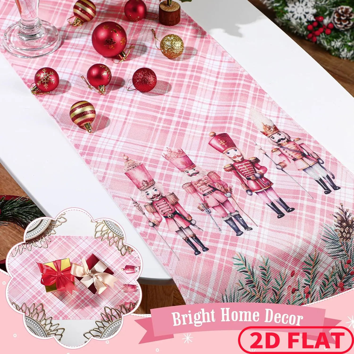 

2D FLAT 1pc Pink Christmas Nutcracker Polyester Table Runner 13 x 72 Inch Pink Plaid Christmas Decoration Winter Holiday