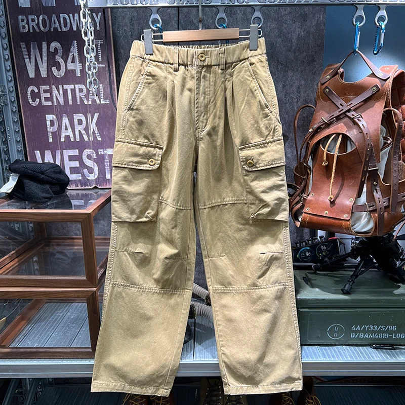 

Американские винтажные тяжелые потертые рабочие брюки для мужчин — свободный прямой крой с несколькими карманами, брюки-карго из 100% хлопка