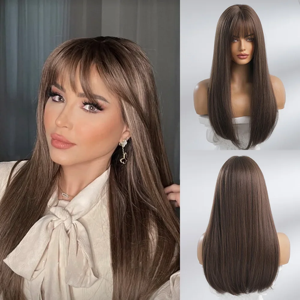 

Long Chocolate Brown with Women Natural Straight Cosplay Heat Resistant Fiber Synthetic Wigs