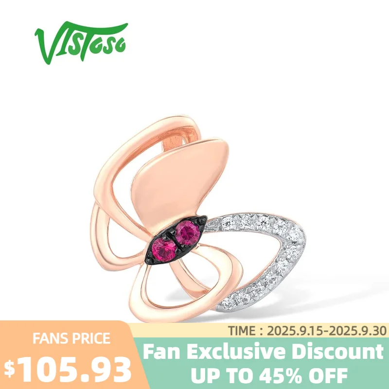 

VISTOSO Genuine 14K 585 Rose Gold Pendant For Women Red Stones Ruby Diamond Butterfly Wedding Anniversary Charm Fine Jewelry