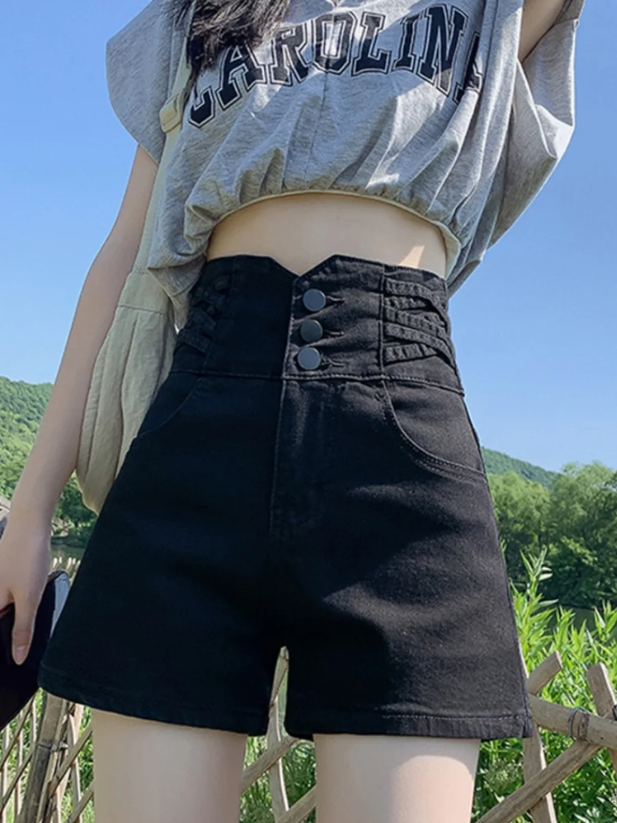 Pantaloni elastici estivi da donna a vita alta con gamba larga Bla Denim Ords con dettaglio bottoni Pantaloni caldi dimagranti per il controllo della pancia