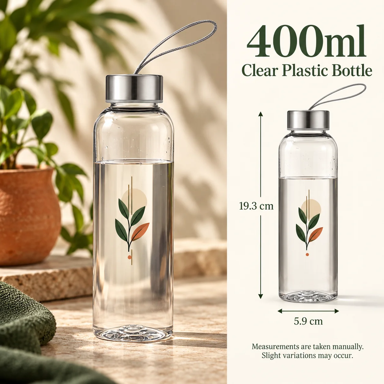 Custom Clear Water Bottle 400ml Portable Plastic With Carry Strap Name Logo Image Print For Work And Travel Personalized Gift