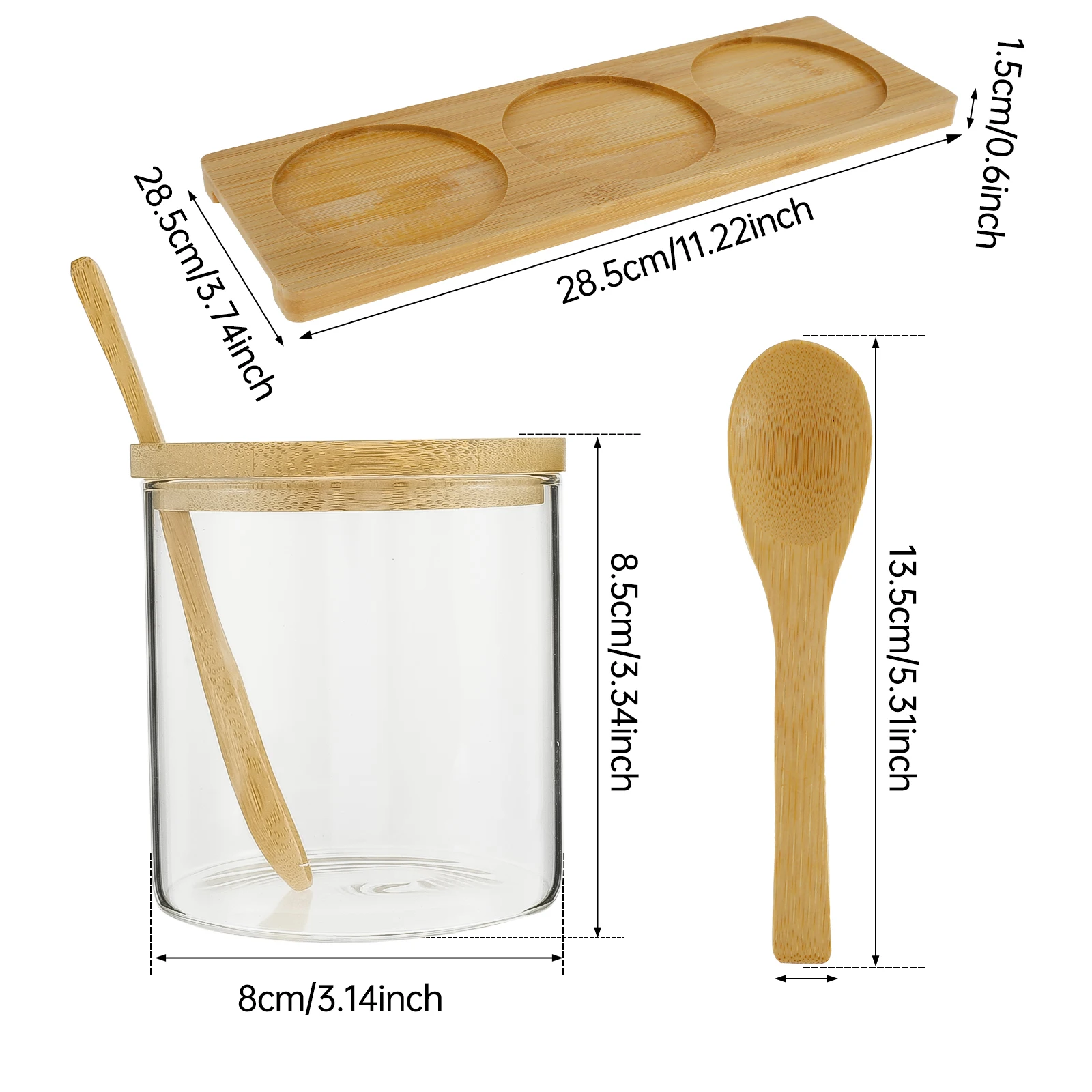 3Pcs Clear Glass Condiment Jars Set with Lids Spoons and Bamboo Tray Dust-Proof Seasoning Spice Container for Salt Sugar Pepper