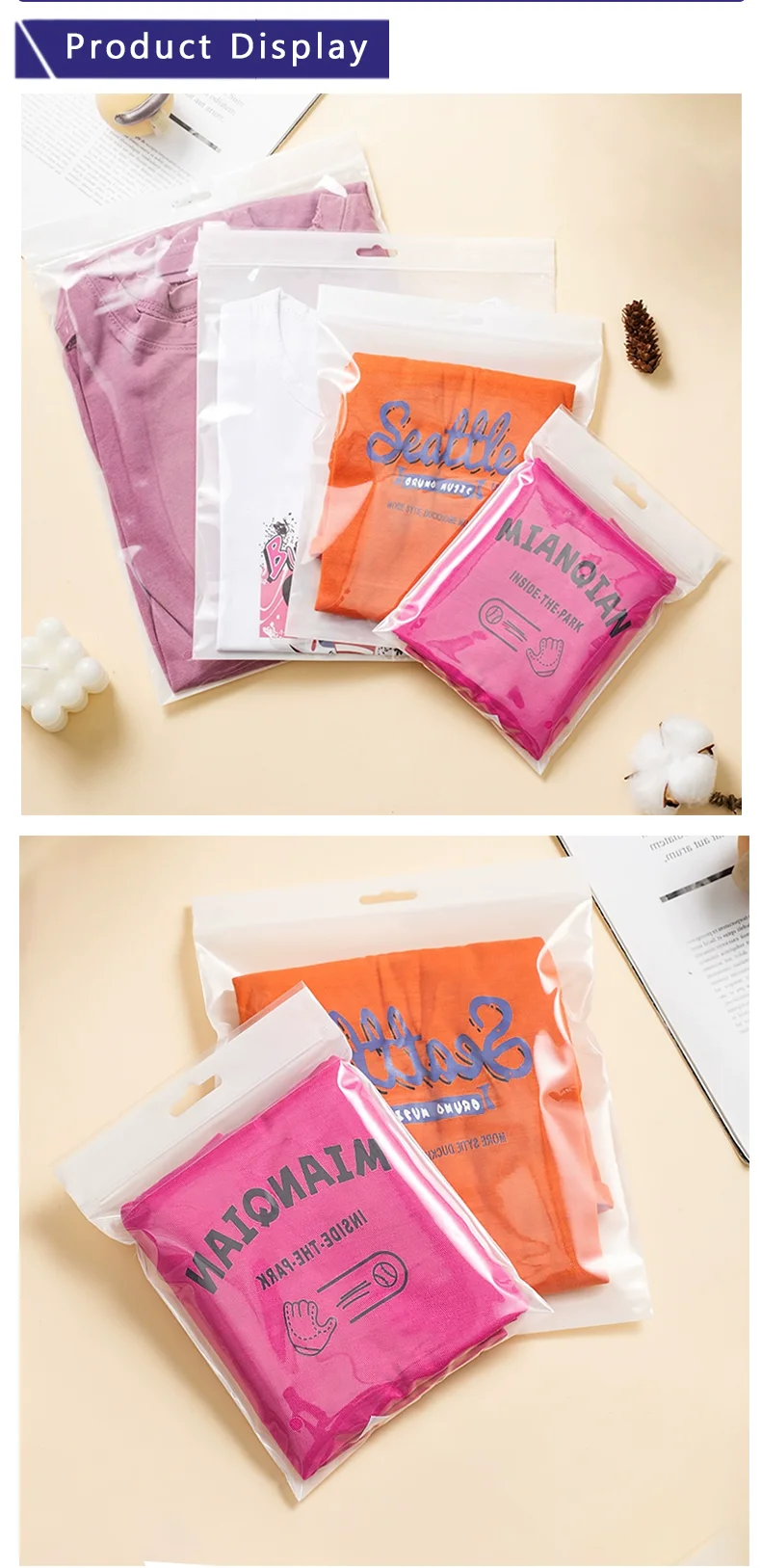 50 Stück Babykleidungs-Verpackungsbeutel, Handtuch- und Deckenverpackungsbeutel mit Reißverschluss, dick, transparent, anpassbar mit bedrucktem Logo – Detail 3