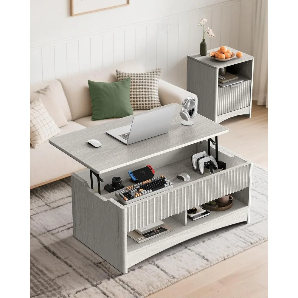 Stolik kawowy z podnoszonym blatem i otwartym i ukrytym schowkiem, nowoczesny stolik kawowy z rowkowanym wzorem i płynnym mechanizmem podnoszenia, solidny i oszczędzający miejsce.