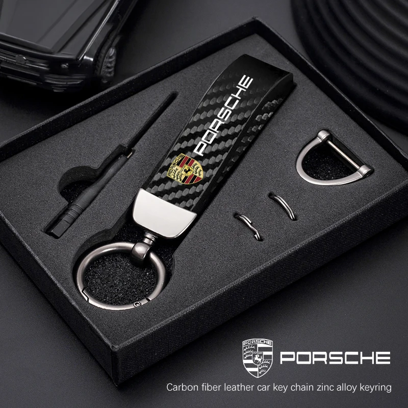 Car Emblem Keychain Carbon Fiber Leather keyring Accessories For Porsche 911 718 Taycan Panamera Cayenne Macan Boxster Cayman