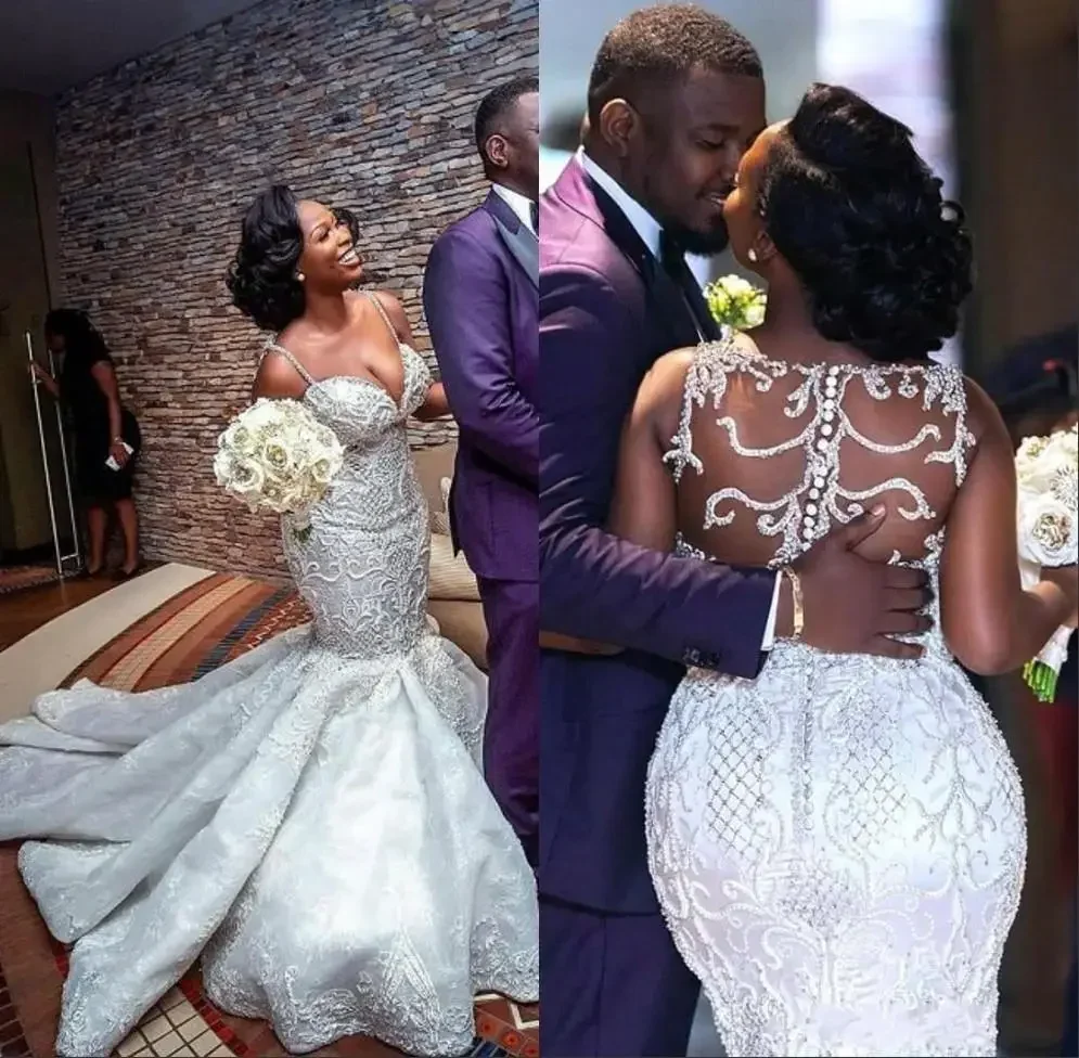 تخصيص فاخر مطرز حورية البحر فستان الزفاف مثير حجم كبير شير الظهر فتاة سوداء بلورات فستان زفاف الشاطئ مخصص