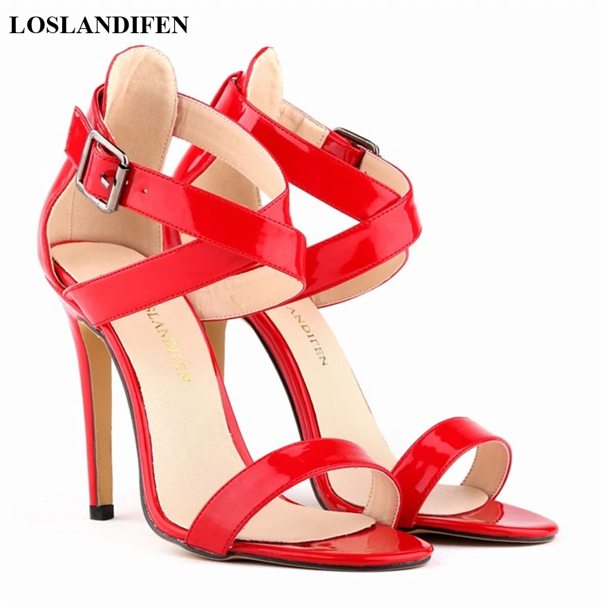 

14 Colors Patent Leather Korean Women Sandals 2025 Summer Fashion Cross Buckle Open Toe High Heels 11cm Ladies Party Bride Shoes