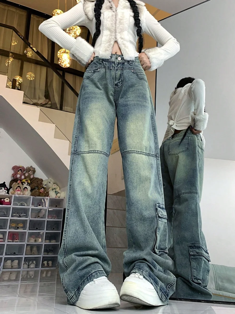 

Retro Washed Blue Wide Leg Pants High Waist Straight Cut Loose Fit Women's Jeans Summer Fashion Chic American High Street