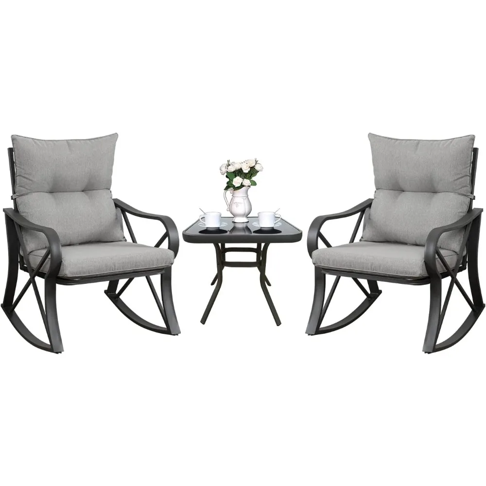 

3 Piece Bistro Set Patio Rocking Chairs Outdoor Furniture w Warm Gray Cushions, Glass-Top Table for Garden,Pool,Backyard